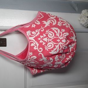 Bucket Tote Purse Shoulder Bag Cloth Lightweight Damask Pink White